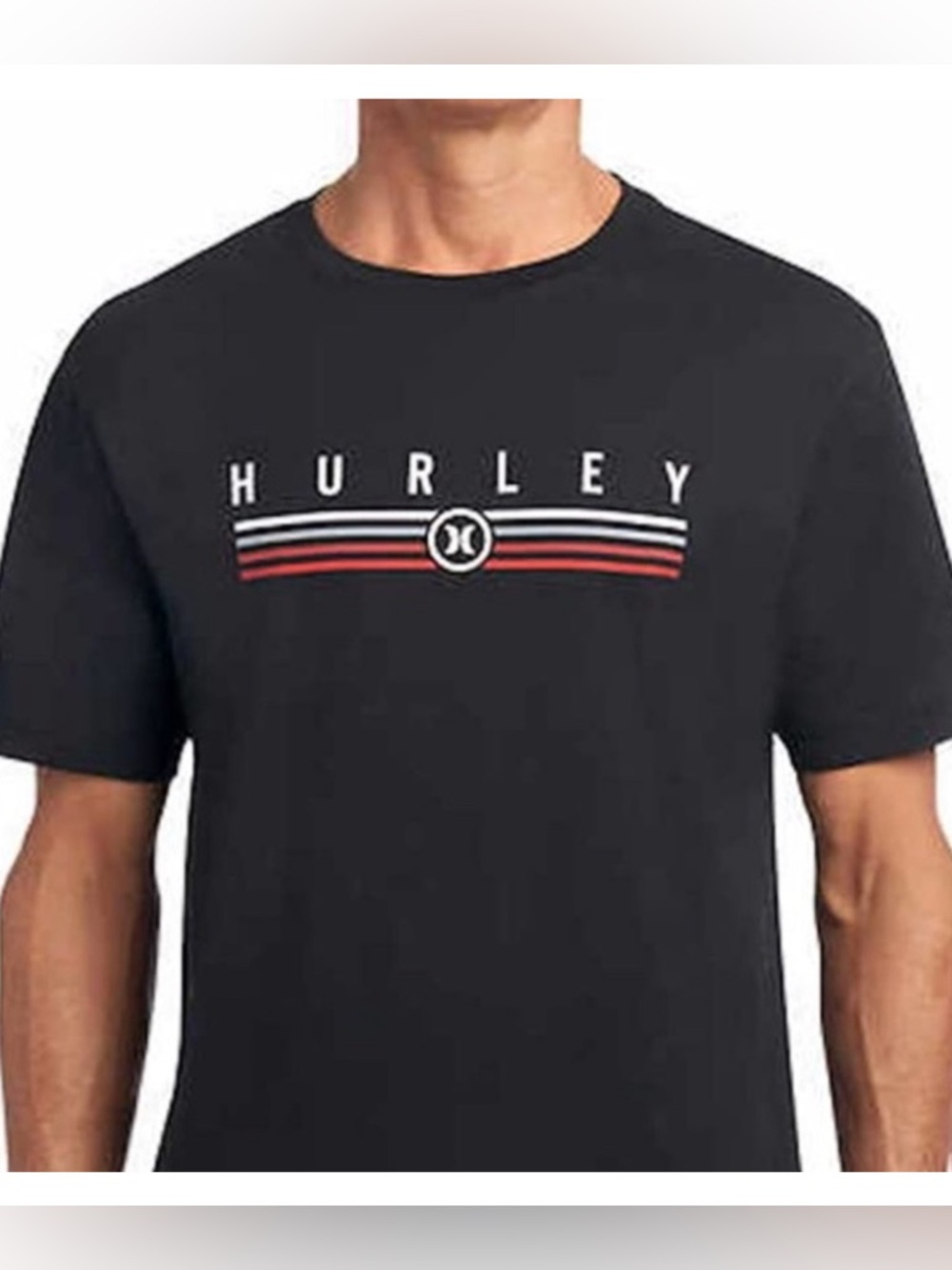 Hurley Dark Navy Crewneck Logo Tee Red White Stripes Relaxed Fit Skater T-Shirt
